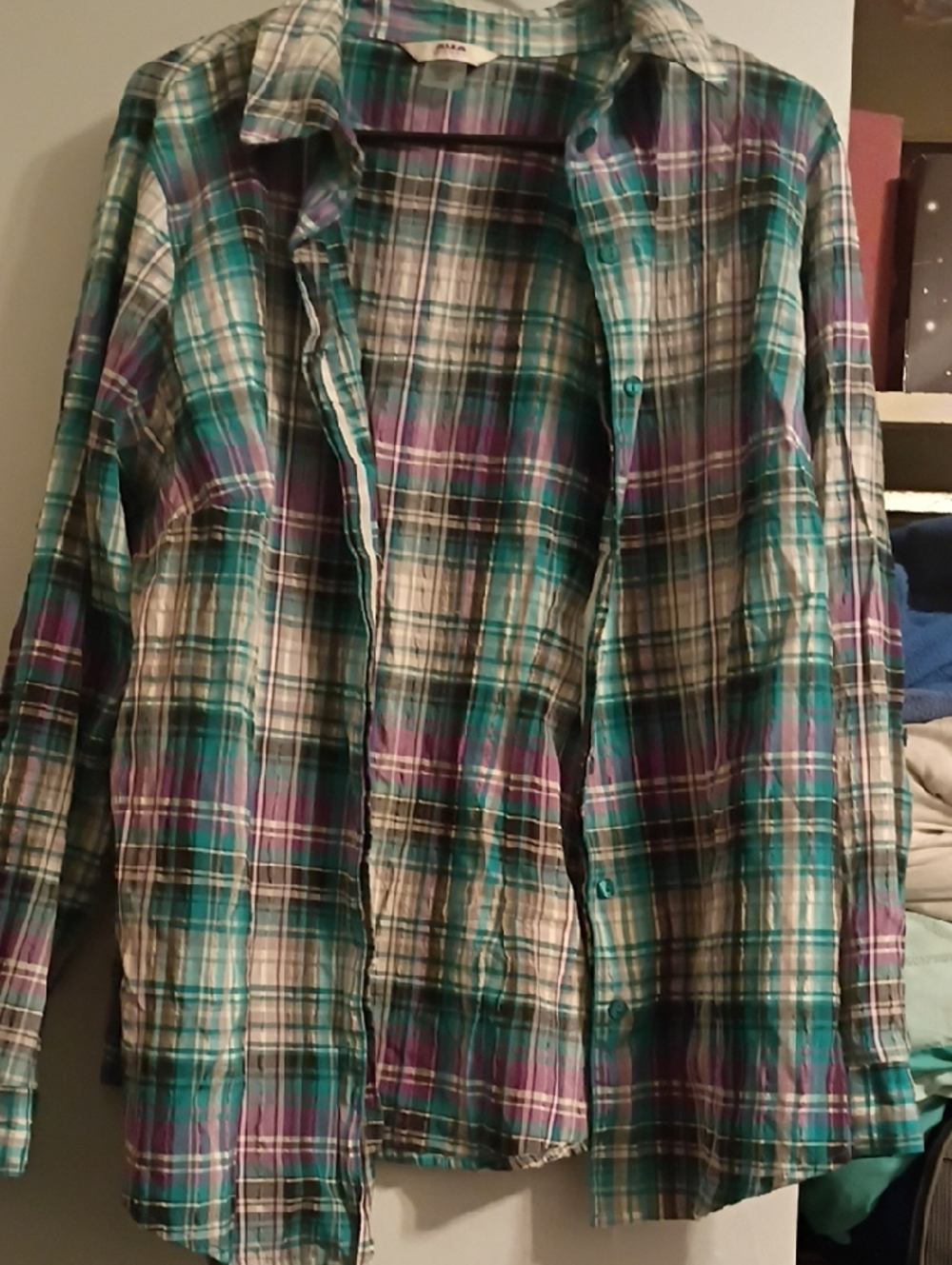 Alia Plaid Button-Down Shirt in Teal, Purple, White